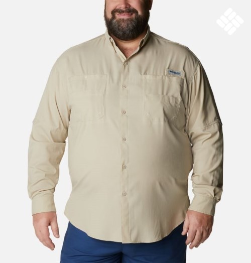 Men's Columbia PFG Tamiami II Long Sleeve Shirts Khaki | Plus Size CA-E0L1C